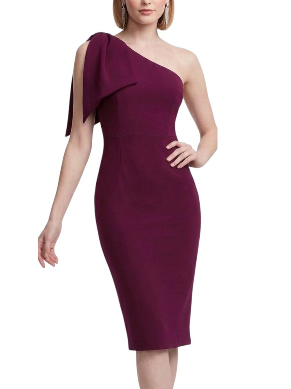 Dress the Population Tiffany One Shoulder Bow Midi Sheath Dress, Large, NWT